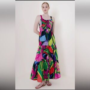 HT‎ 360 COLLECTIVE STRAPPY FLOWY MAXI TROPICAL RESORT-WEAR COTTON POPLIN DRESS